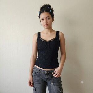 Vintage Y2K FANG Womens Top XL Black Lace Overlay Silver Ribbon Coquette Goth